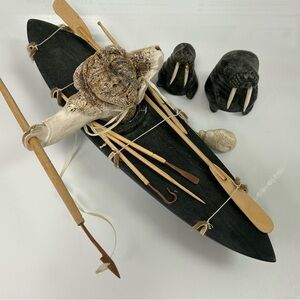 Walrus Hunter Kayak Northwest Territories Soapstone Whalebone Carving